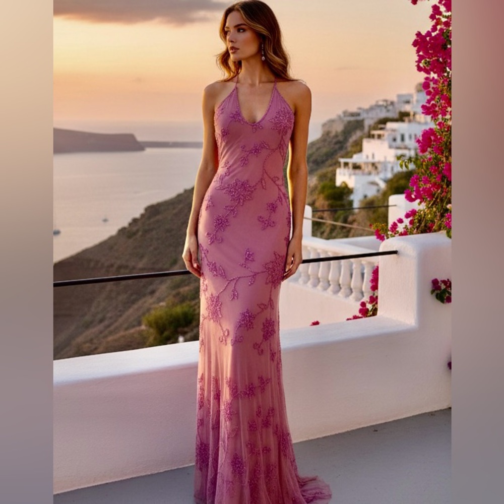 Elegant‎ dusty Pink hand, beaded, designer Evening Gown can be worn two ways